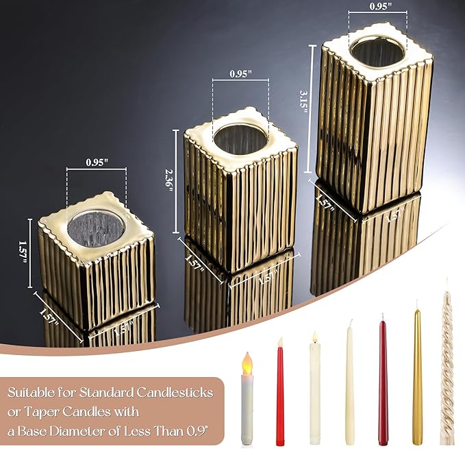 LETINE 12pcs Gold Vertical Stripe Glass Candlestick Holders - Chic Taper Candle Sticks Holder Set for Elegant Dining & Home Decor - Ideal for Christmas, Halloween, Thanksgiving