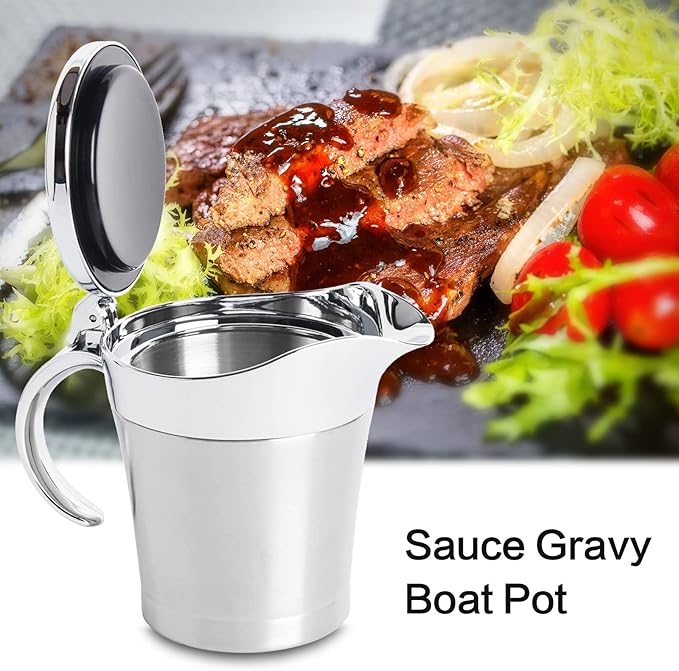 Stainless Steel thermal Gravy Boat, 16 Oz Double Insulated Gravy Sauce Jug with Hinged Lid for Family Dinner, Thanksgiving, Halloween, Christmas