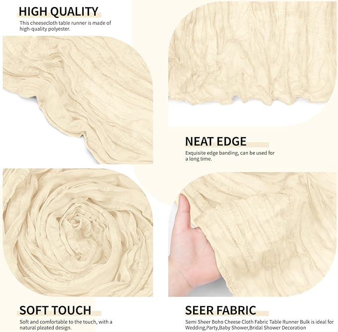 12 Pack Ivory Cheesecloth Table Runner 10Ft, Gauze Table Runners 21.5 x 120 inch,Semi Sheer Cheese Cloth Fabric Runner Bulk for Wedding,Party,Baby Shower,Bridal Shower