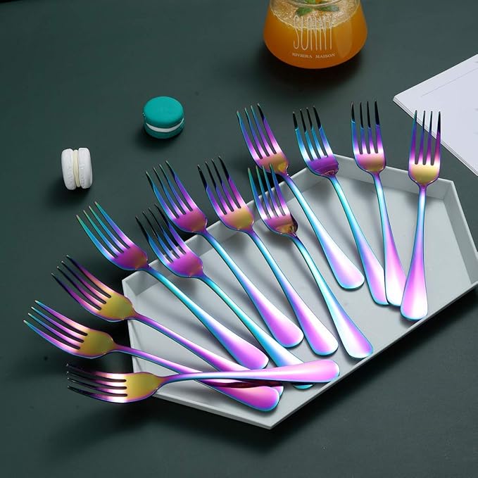 Rainbow Dinner Forks Set of 12, Berglander Stainless Steel Titanium Mutil-Color Plating Fork Set, Colorful Forks And Spoons Silverware, Table Forks Set Sturdy And Dishwasher Safe
