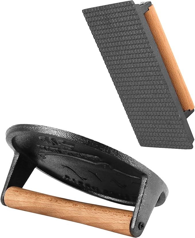 2 Pack Black Cast Iron Grill Press, 7 x7 Inch Round and 8 x 4 Inch Rectangle Heavy Weight Bacon Press with Wooden Handle, Steak Weights for Grill Burgers Bacon Bread