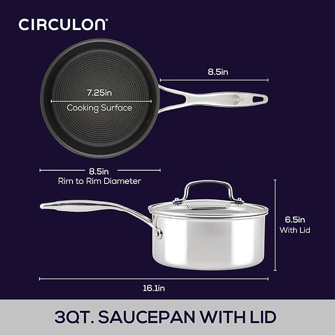 Circulon C1 Series Clad Stainless Steel with ScratchDefense Technology Cookware Nonstick Induction Saucepan with Lid, Metal Utensil Safe, 3 Quart - Polished Stainless Steel