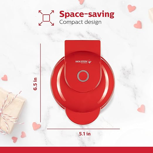 Holstein Housewares Personal Non-Stick Heart Waffle Maker, Red - 4-inch Waffles in Minutes, Mini Heart Ideal for Breakfast, Brunch, Lunch or Snacks
