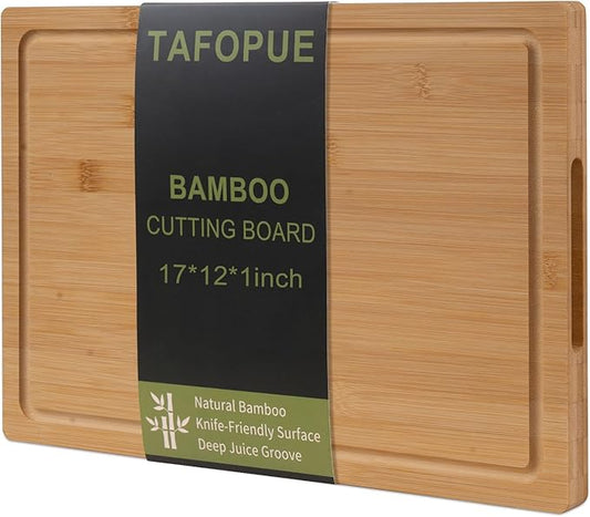 Tafopue Bamboo Cutting Board for Kitchen, Thickened Chopping Board with Juice Groove & Handles, Large Double Sided Butcher Block for Meat, Vegetables & Charcuterie Serving, 17x12x1 Inch