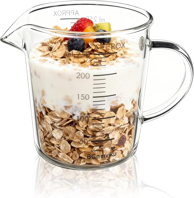 BCnmviku Glass Measuring Cups High Borosilicate [Insulated Handle | V-Shaped Spout]For Prepping Baking and Cooking Preheated Oven Dishwasher Freezer and Microwave Safe (250ml)