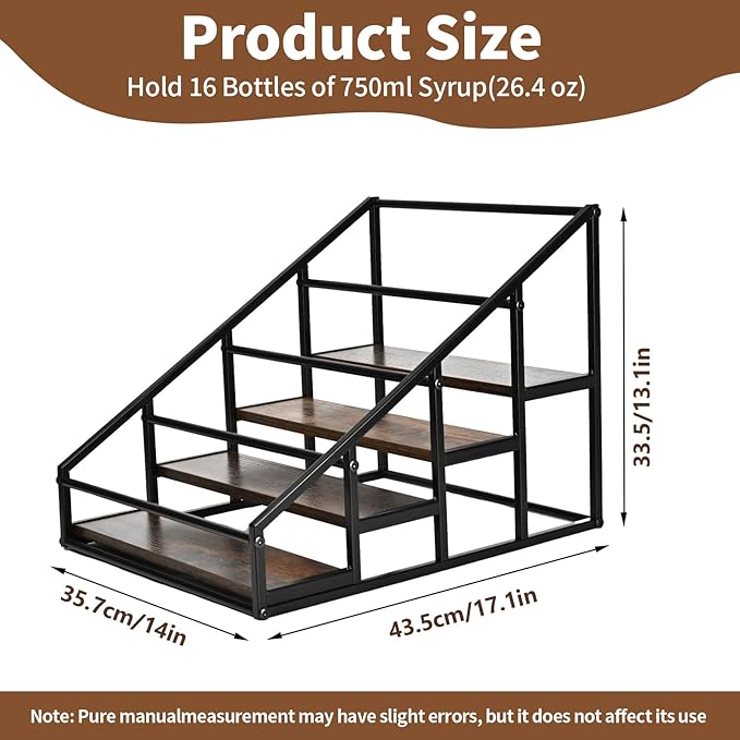 Coffee Syrup Rack Organizer,Liquor Bottle Display Shelf,Water cup display stand,Spice Rack Kitchen Cabinet Organizer,Rustic Brown,2 Packs 4 Tier 16 Bottle Coffee Syrup Holder