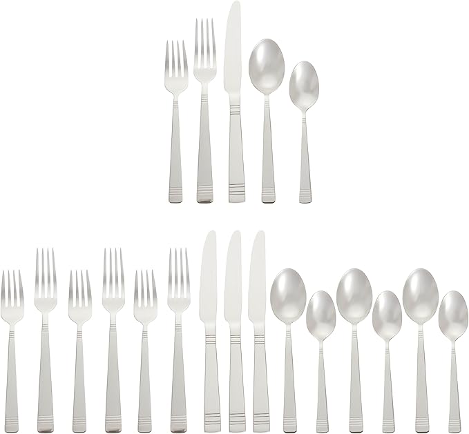 Amazon Basics Silverware, 20-Piece Stainless Steel Flatware Set, Service for 4, Durable Silver Finish, Bistro
