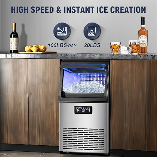 100LBS/24H High Output - Commercial Ice Maker with 20LBS Storage Bin - Dual Water Inlets, 36 Ice Cubes/Cycle, 15" Compact Undercounter/Freestanding Design - Self-Cleaning for Home Bars, Outdoor