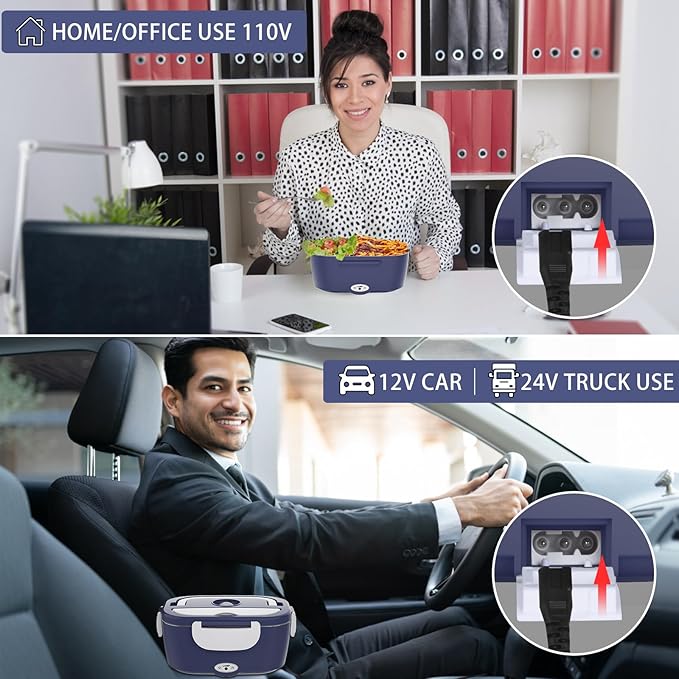Electric Lunch Box Food Heater - 3 in 1 Portable Leakproof Heated Lunch Box for Car/Home/Adults with 1.5L Removable 304 Stainless Steel Container, Max 80W, 12V/24V/110V (DarkBlue)