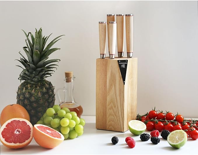 YOUSUNLONG Knife Block Sets - 5 Piece Chef Knife Set - Japanese AUS8 Steel Black Titanium - Natural Fraxinus Americana Wood Knife Holder - Canadian Maple Wood Handle - With Gift Box