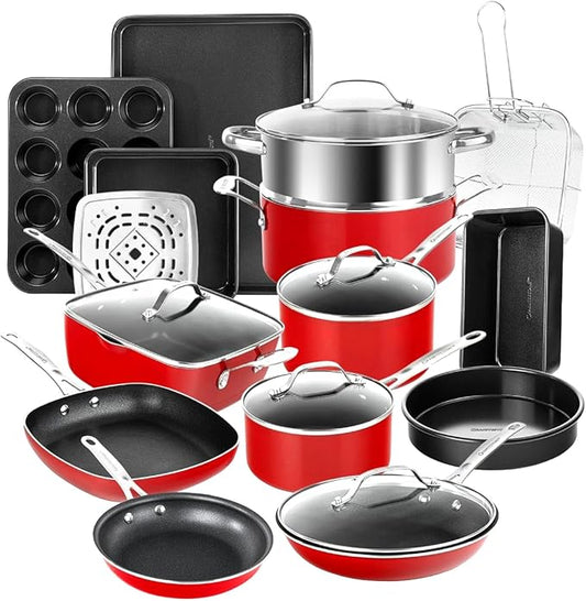 GRANITESTONE 20Pcs Pots and Pans Set Non Stick Cookware Set, Kitchen Cookware Sets with Deep Frying Pan, Bakeware Set & Steamer for Cooking, Non Toxic PFOA PFOS Free, Oven & Dishwasher Safe