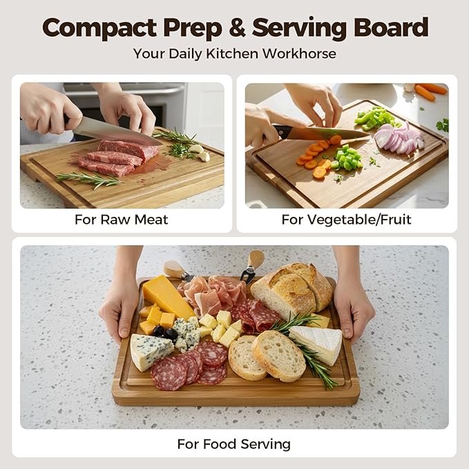 RosiRoli Acacia Wood Cutting Board for Kitchen - 13"x10" Everyday Chopping Board with Handles and Juice Grooves, Soild Wood Serving Tray for Cheese & Meat, Ideal Gift for Housewarming & Christmas