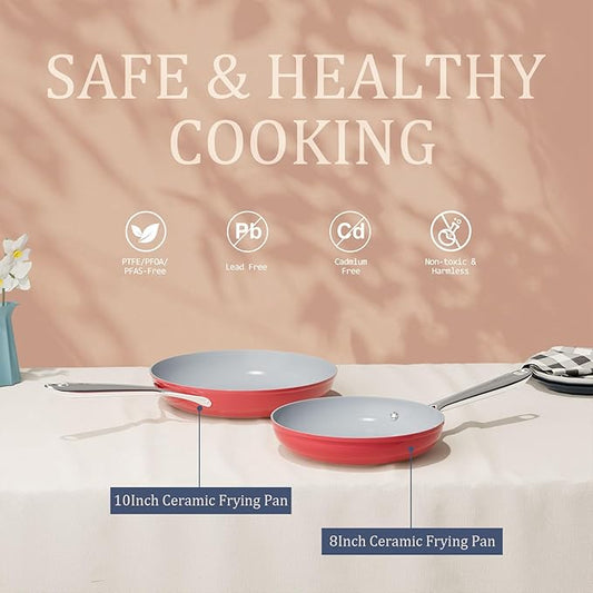 Nonstick Ceramic Frying Pan 8 inch for All Cooktops, Healthy PFAS Free Egg Pan, Even & Quick Heat Distribution Oven Safe to 500°F, Healthy Non Toxic Skillet w/ Ergonomic Stay-Cool Handle, Fusion Red