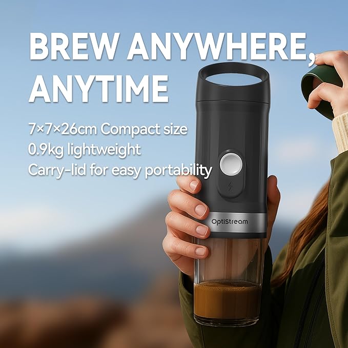 Optistream Portable Electric Espresso Machine, Travel Coffee Maker for Camping, Car Coffee Maker Self-Heating with USB-C, With Ground Coffee & NS Capsule for RV, Hiking, Office (Black)