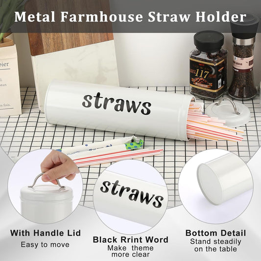Metal Straw Holder, 12 Inch Tall Drinking Straw Dispenser with Handle Lid, Rustic Farmhouse Straw Storage Canister for Counter-Holds up to 100 Straws Bulk Straw Organizer for Kitchen & Shop