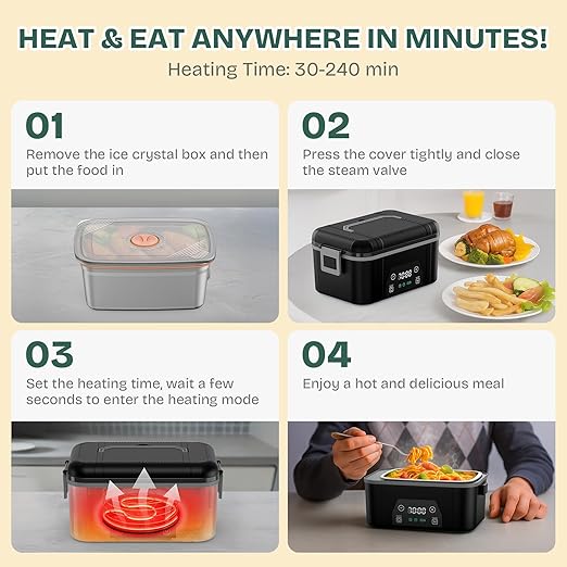 Cordless Heated Lunch Box, Smart Timer Automatic Heating Food Warmer for Adults, 5.5-Cup Portable Electric Lunch Container with Handheld Insulated Bag