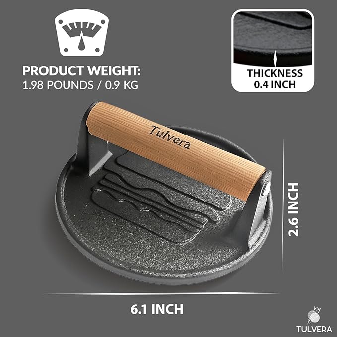 Smash Burger Press | Cast Iron Hamburger Smasher Tool | Flat-Edge Meat Press for Hamburgers, Bacon, Outdoor Kitchen | Griddle & Grilling Accessories | Pre-Seasoned | 6.1”