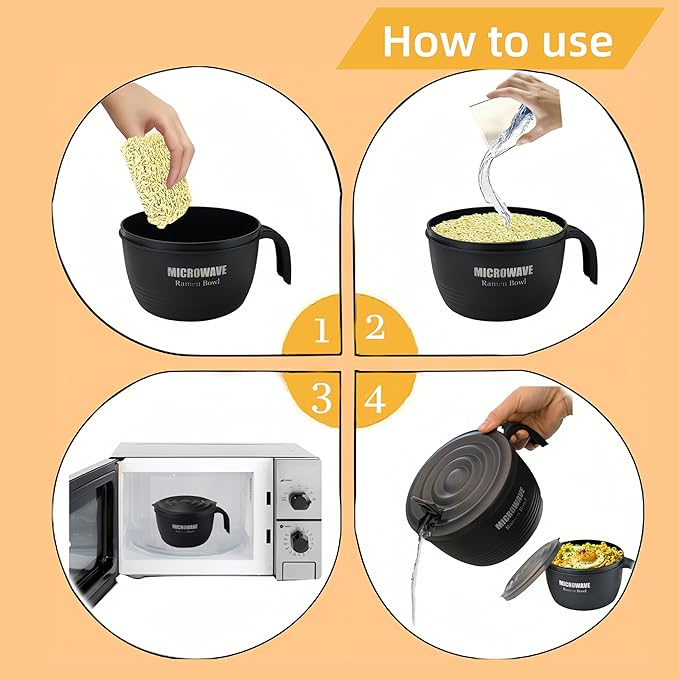 Layron 2 Sets Microwave Ramen Cooker Bowl 45 oz Instant Noodle Bowl with Handles Ramen Noodle Cooker with Spoon Chopsticks Fork Knife College Dorm Room Essentials for Boys Girls (Black, Blue)