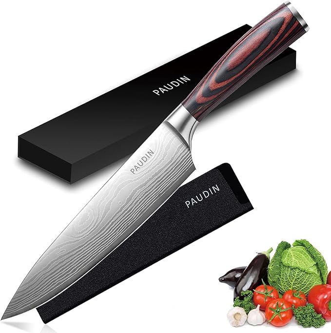 PAUDIN Chef Knife with Sheath- Pro Kitchen Knife 8 Inch Chef's Knives with High Carbon Stainless Steel, Sharp Japanese Knife with Ergonomic Handle for Home Kitchen Restaurant