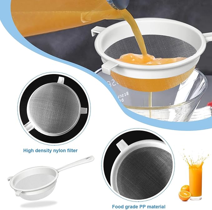 3 Pcs Plastic Nylon Fine Mesh Kefir Strainer Set with Handle, Sieve Fine Mesh Colander Flour Sifter for Yogurt Baking Kitchen Kefir Tea Juice Pasta