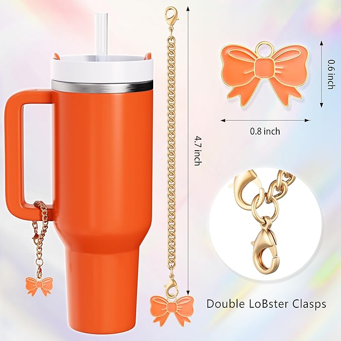 Compatible with Stanley Cup Accessories - 3Pcs 10mm Bow Straw Topper Compatible with Stanley Cup Straw Cover Cap, 2pcs Orange Bow Charms for Stanley 30&40 Oz Tumbler with Handle