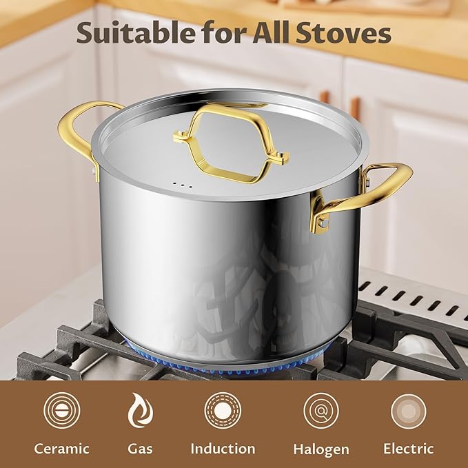 BEZIA 12 Qt Stainless Steel Stock Pot with Lid, Induction Ready Large Soup Pot with Lid, Tri-ply Bottom for Even Heat, Kitchen Cooking Pots for Canning, Stews, and Bulk Cooking