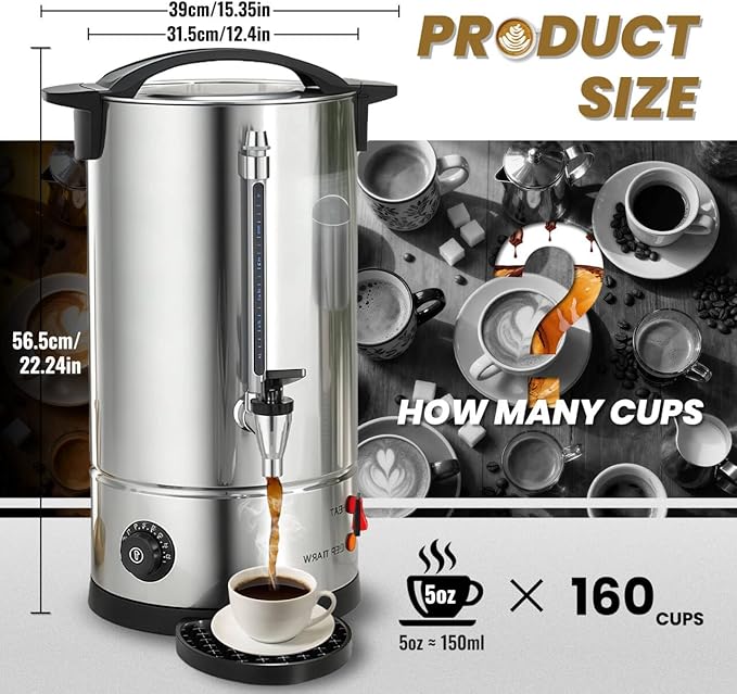 rcqeuiol Commercial Coffee Urns, 160 Cups/25L Coffee Maker with Keep-Warm Function, Hot Beverage Dispenser, Electric Hot Water Urn Stainless Steel, for Events, Offices, Parties, Catering (160 Cup)