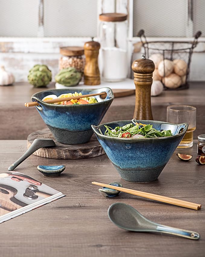 UNICASA Japanese Ramen Bowl Set with Chopsticks, Spoons and Rests, 26oz Deep Porcelain Noodle Bowl Set of 2 for Udon, Pho, Salad, Soup (Volcano Blue)