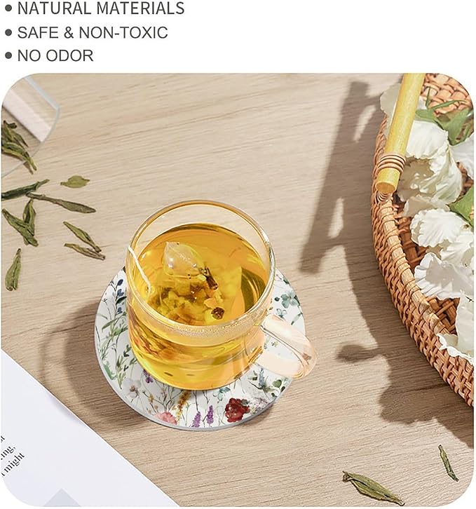 Round-4PCS Floral Drink Coasters, Round Modern Ceramic Absorbent Coasters, Watercolour Colorful Flower Herb Nature Plant Floral Decor Desk Coffee Table Coaster for Beverage Cup Tea Coasters