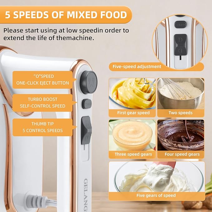 GELANGS Hand Mixer, 5-Speed Electric with Turbo Boost, White, Copper Motor, 400W, Dishwasher-Safe Attachments for Baking, Whipping, Dough