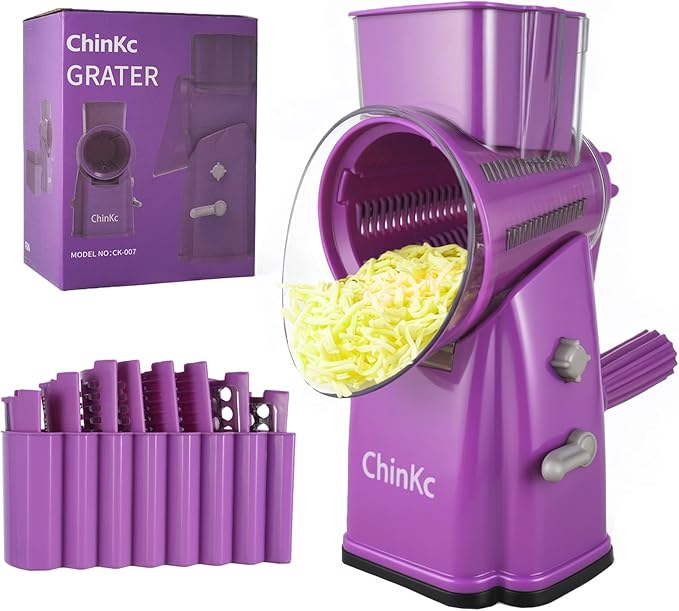 Upgrade Rotary Cheese Grater Shredder with Handle, Strong Suction Base, Multi-purpose Rotary Grater Slicer with 5 Interchangeable Blades for Ice, Vegetables, Fruit, Nuts with Blade Storage Box