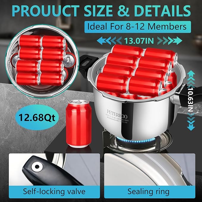 Premium Stainless Steel Pressure cooker 12 quart | 8 Safety Features & Quick cooking | stovetop pressure cookers;instant pot pressure cooker;olla de presion pressure cooker 12+ quart large