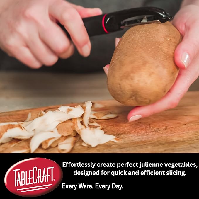 TableCraft 10997 Vegetable Peeler, Stainless Steel, Straight Edge, Ergonomic Non-Slip Handle with Eye Remover, 1.125"x1.375"x7.25", Red/Black – Commercial Kitchen Use