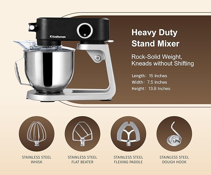Kraftsman Stand Mixer All Metal - Heavy Duty Kitchen Standing Mixer 5.3 Quart with 4 Stainless Steel Attachments, DC Motor & Multifunctional Power Hub, 8-Speed & Timer, Lower Noise (Black)