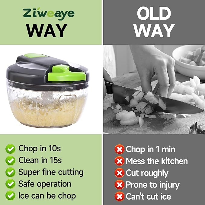 Ziweaye Manual Food Processor Vegetable Chopper, Portable Hand Pull String Garlic Mincer Onion Cutter for Veggies, Ginger, Fruits, Nuts, Herbs, etc., 500ml,（Gray-green）