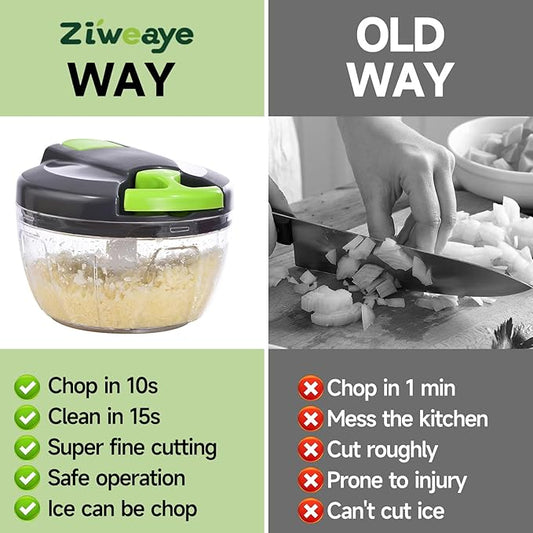 Ziweaye Manual Food Processor Vegetable Chopper, Portable Hand Pull String Garlic Mincer Onion Cutter for Veggies, Ginger, Fruits, Nuts, Herbs, etc., 500ml,（Gray-green）
