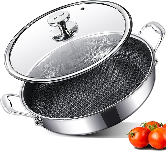 CYRDER 316L Stainless Steel Frying Pan-12inch Hybrid Nonstick Induction Pan with Lid, Two Handle Hold, PFOA Free, Dishwasher Oven Safe, Paella Pan for Stir fry/Toast/Roast/Bake/Stew, 6 Quart