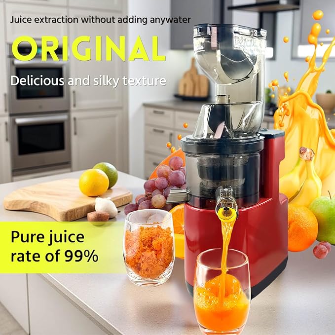 Cold Press Juicer Machines Slow Masticating High yield Pulp separation Can make fruit ice cream Multi-Functional for Home Commercial Use Wide Feed Chute (red)