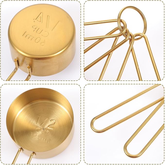 8 Pcs Gold Measuring Cups and Spoons Set 304 Stainless Steel Measuring Spoons Gold with Handles Golden Stackable Kitchen Measure Cups Set For Liquid Dry Ingredient Kitchen Baking Cooking