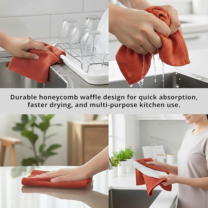 PurpleEssences Rust Waffle Weave Kitchen Towel, 100% Cotton, 15x25 Inches, with Hanging Loop Ultra Soft Absorbent Quick Drying Dish Cloth, Tea and Hand Towels, 4 Pack - Christmas Holiday Winter - Rust