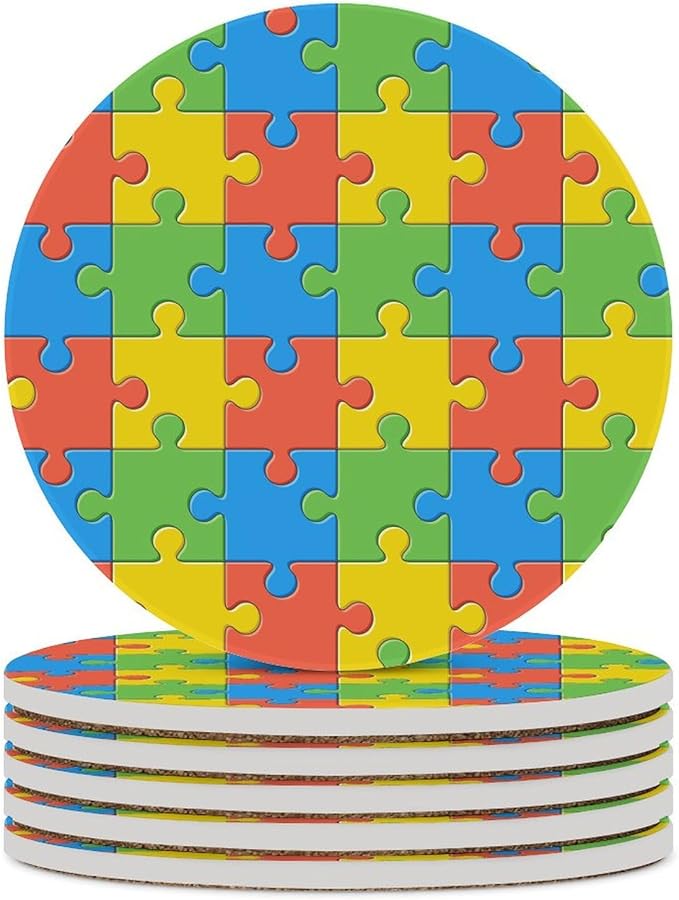 Round-6PCS Gamer Ceramic Coasters, Round Absorbent Drink Coasters, Kids Abstract Colorful Puzzle Toy Ceramic Table Coasters for Coffee, Beverage, Wine, Beer Coasters