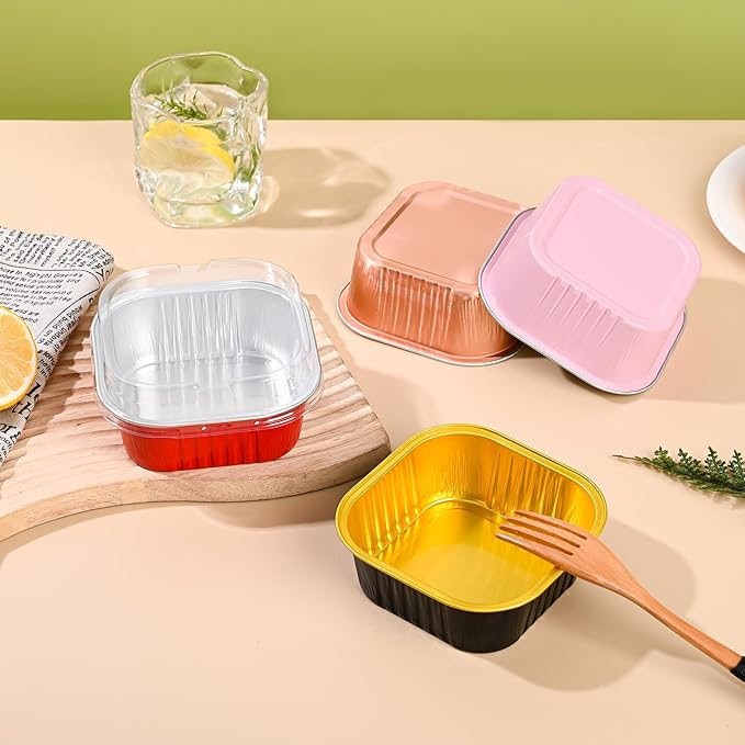Findful Mini Cake Pans With Lids (10oz,40 Pack) Aluminum Foil Square Cupcake Liners Brownie Baking Cups,Disposable 4”x4” Large Cupcake Pan,Jumbo Muffin Tin Ramekins Holders
