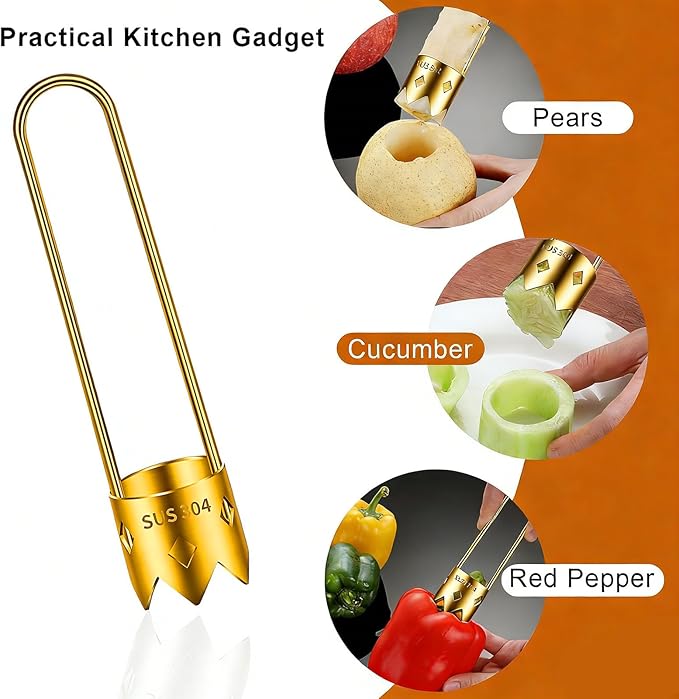 Red Bell Pepper Seed Corer & Jalapeno Corer Tool - 304 Stainless Steel, Apple Pineapple Vegetable Corer, Easy Core Remover with Anti-Slip Handle,Golden