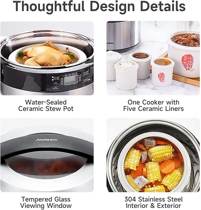 Joydeem Electric Stew Pot, 8.5Qt Stainless Steel Inner Pot with 5 Ceramic Liners (3.5L + 4 × 0.45L), Dual Cooking Modes, Brushed Stainless-Steel Exterior, For Soup, Congee & Bird’s Nest, DDG-B350