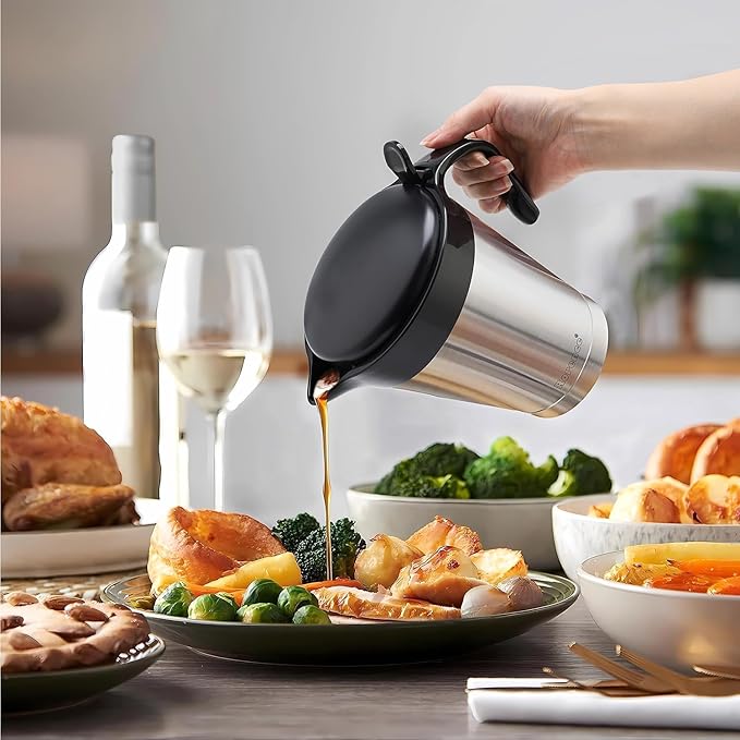 Rorence Stainless Steel Double Insulated Gravy Boat Sauce Jug with Hinged Lid for Thanksgiving Dinner - 32 Oz