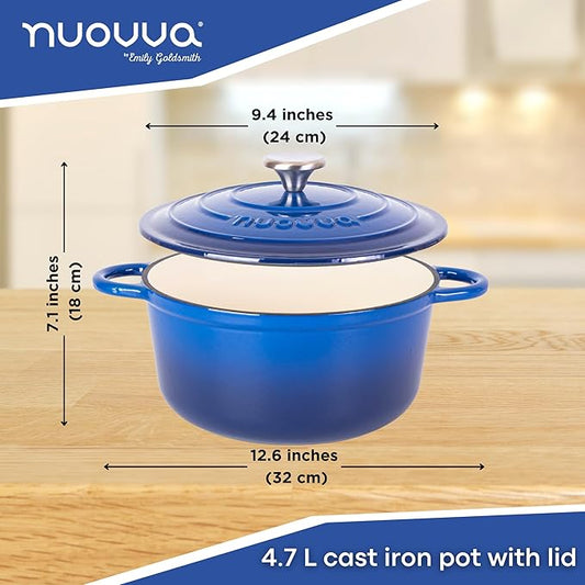 Cast Iron Pot with Lid – Non-Stick Ovenproof Enamelled Casserole Pot, Oven Safe up to 500° F – Sturdy Dutch Oven Cookware – Dark Blue, 5-Quart, 24cm – by Nuovva