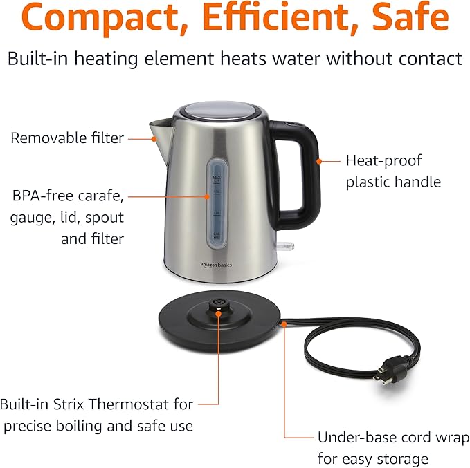 Amazon Basics Electric Stainless Steel Kettle for Tea and Coffee, BPA-Free, Fast Boiling, Auto Shut-Off, 1.7 Liter, 1500W, Black and Silver