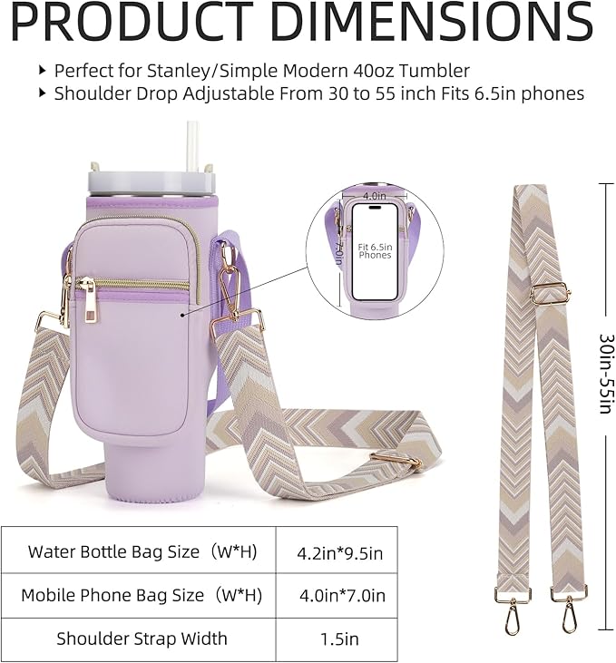 Water Bottle Carrier Bag for Stanley 40/30 oz Tumbler with Phone Pocket Neoprene Water Bottle Holder with Shoulder & Handheld Strap Stanley Cup Accessories
