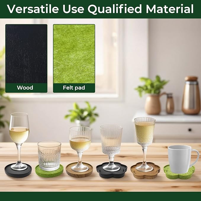 8-Piece Acacia Wood & Absorbent Felt Coaster Set with Stand, Decorative Flower Design - 4" Minimalist Drink Holders for Cold & Hot Drinks, Rustic Modern Decor for Bar & Office - Black