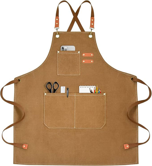 Chef Apron for Men Women Canvas Aprons with 3 Pockets Cross Back Resistant Work Apron for Cooking